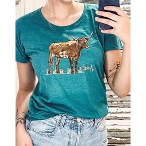 Ariat Teal Watercolor Longhorn Cow Tee Shirt Medium New‎ Short Sleeve Women's